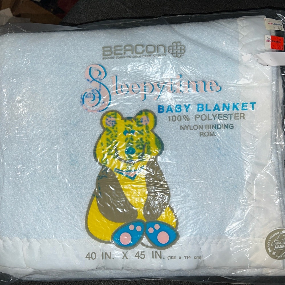 Beacon Baby Blanket *Vintage* 40"x45" Blue Baby Boy Teddy Bear